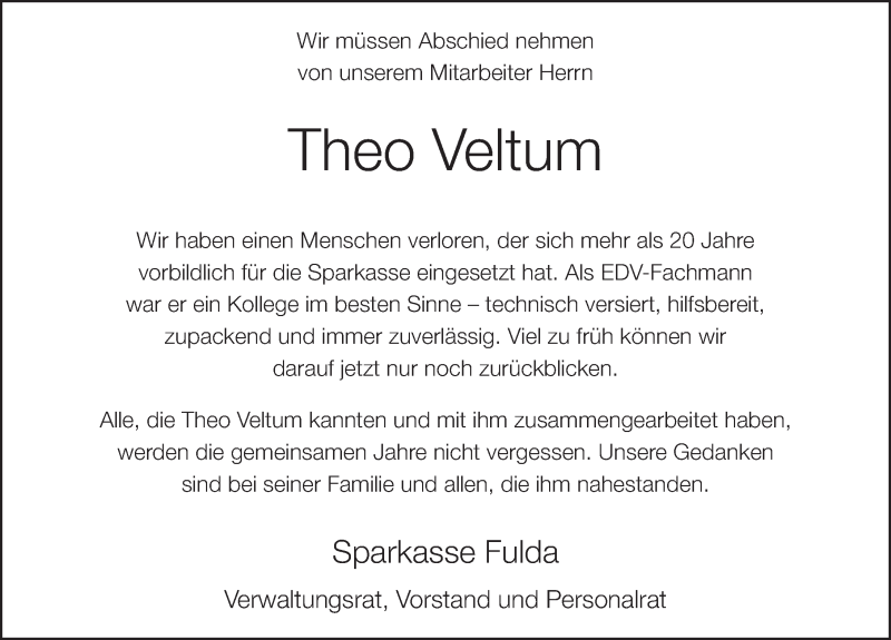  Traueranzeige für Theo Veltum vom 12.02.2021 aus FZ