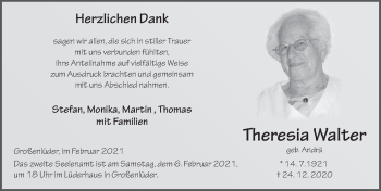 Traueranzeige von Theresia Walter von FZ