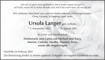 Traueranzeige von Ursula Langer von FZ