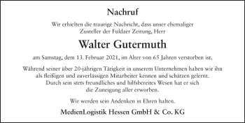 Traueranzeige von Walter Gutermuth von FZ