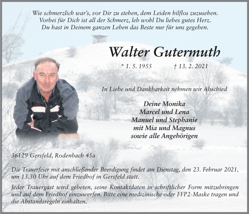  Traueranzeige für Walter Gutermuth vom 18.02.2021 aus FZ