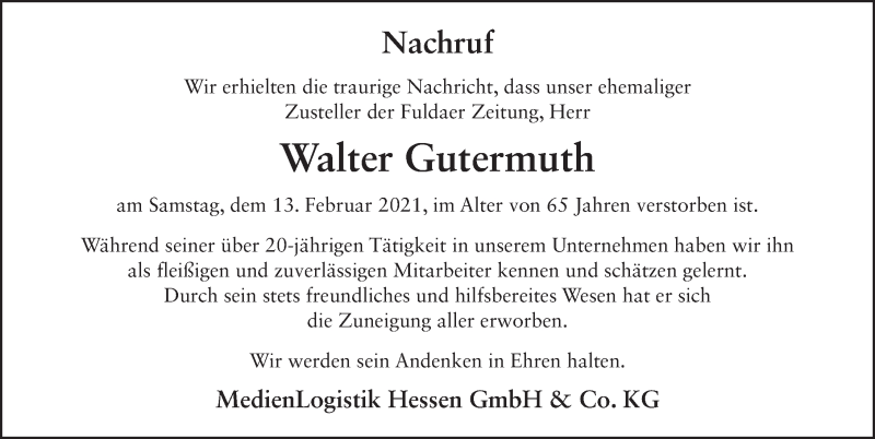  Traueranzeige für Walter Gutermuth vom 19.02.2021 aus FZ