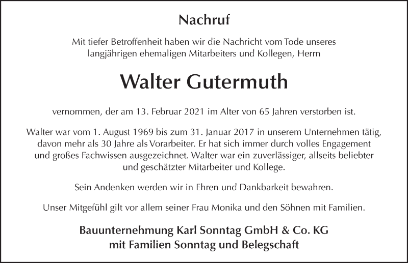  Traueranzeige für Walter Gutermuth vom 18.02.2021 aus FZ