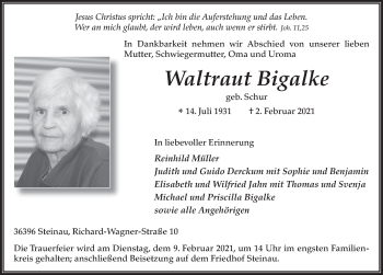 Traueranzeige von Waltraut Bigalke von FZ