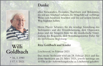 Traueranzeige von Willi Goldbach von FZ