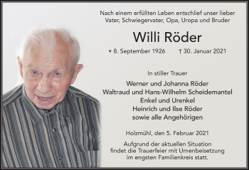 Traueranzeige von Willi Röder von FZ
