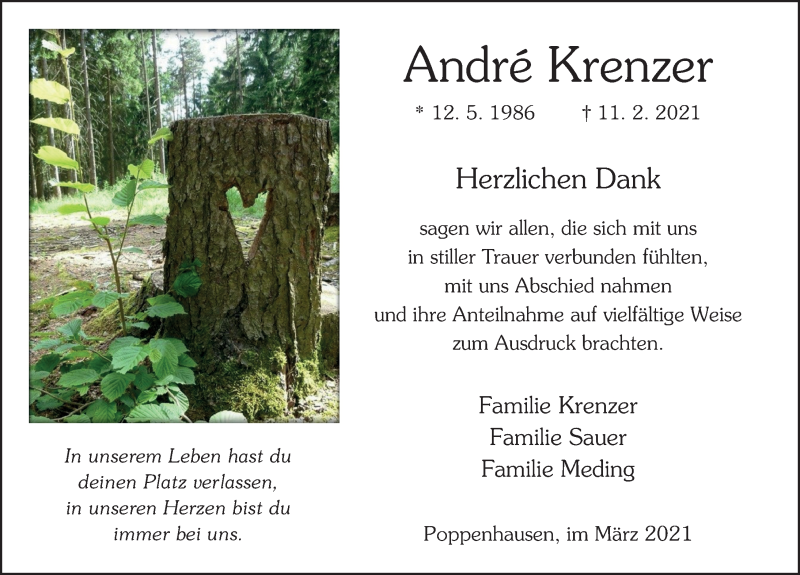  Traueranzeige für Andre Krenzer vom 12.03.2021 aus FZ