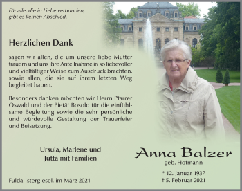 Traueranzeige von Anna Balzer von FZ