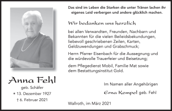 Traueranzeige von Anna Fehl von FZ