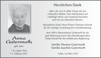 Traueranzeige von Anna Gutermuth von FZ