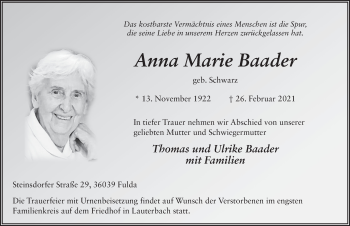 Traueranzeige von Anna Marie Baader von FZ