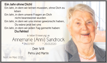 Traueranzeige von Annemarie Sandrock von FZ