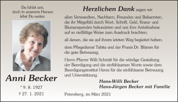 Traueranzeige von Anni Becker von FZ