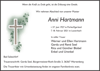 Traueranzeige von Anni Hartmann von FZ