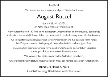 Traueranzeige von August Rützel von FZ