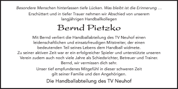 Traueranzeige von Bernd Pietzko von FZ