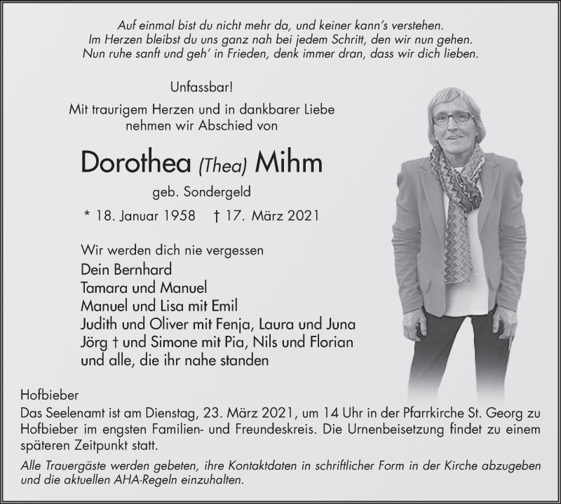  Traueranzeige für Dorothea Mihm vom 20.03.2021 aus FZ