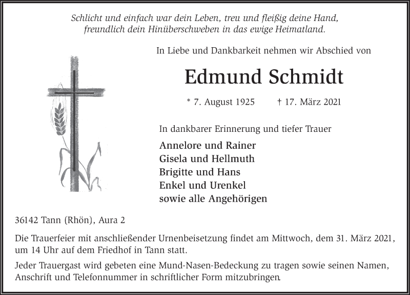  Traueranzeige für Edmund Schmidt vom 27.03.2021 aus FZ