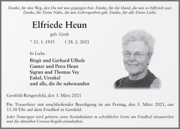 Traueranzeige von Elfriede Heun von FZ