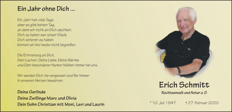  Traueranzeige für Erich Schmitt vom 27.02.2021 aus FZ