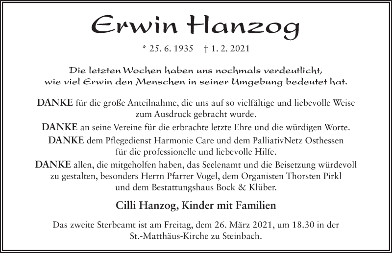  Traueranzeige für Erwin Hanzog vom 24.03.2021 aus FZ