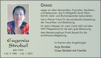 Traueranzeige von Eugenia Strobel von FZ