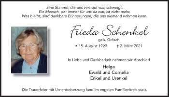 Traueranzeige von Frieda Schenkel von FZ