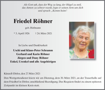 Traueranzeige von Friedel Röhner von FZ