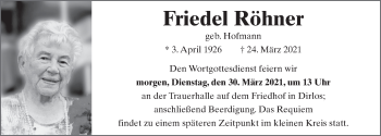 Traueranzeige von Friedel Röhner von FZ