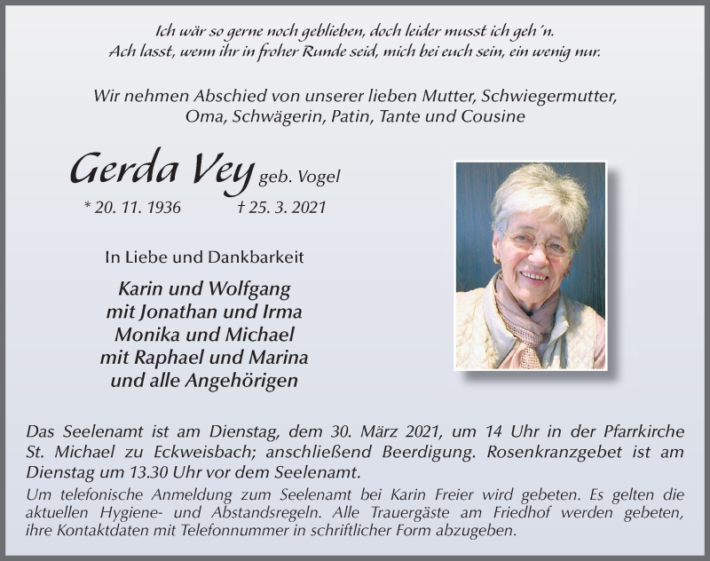  Traueranzeige für Gerda Vey vom 27.03.2021 aus FZ