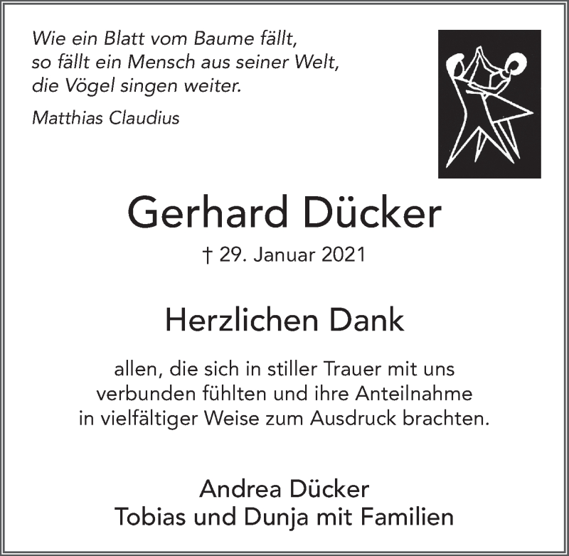 Traueranzeige für Gerhard Dücker vom 27.02.2021 aus FZ