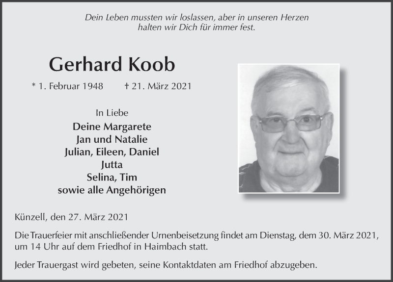  Traueranzeige für Gerhard Koob vom 27.03.2021 aus FZ