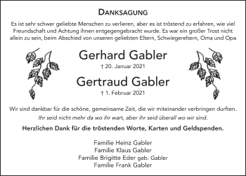 Traueranzeige von Gerhard und Gertraud Gabler von FZ