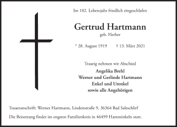 Traueranzeige von Gertrud Hartmann von FZ