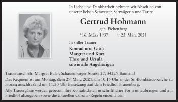 Traueranzeige von Gertrud Hohmann von FZ