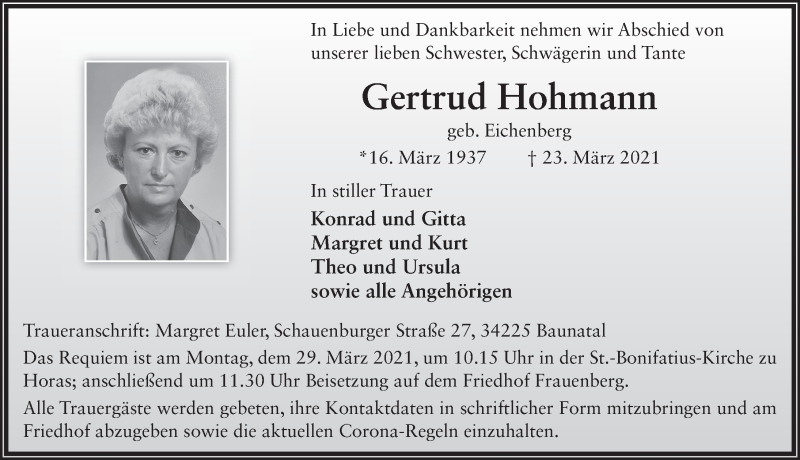  Traueranzeige für Gertrud Hohmann vom 26.03.2021 aus FZ
