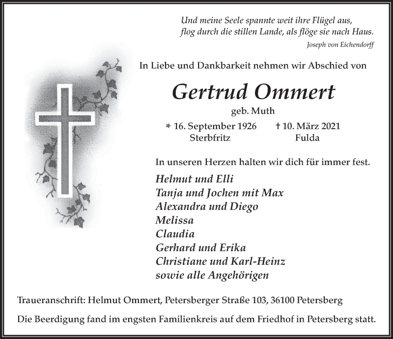  Traueranzeige für Gertrud Ommert vom 27.03.2021 aus FZ