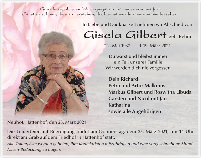  Traueranzeige für Gisela Gilbert vom 23.03.2021 aus FZ