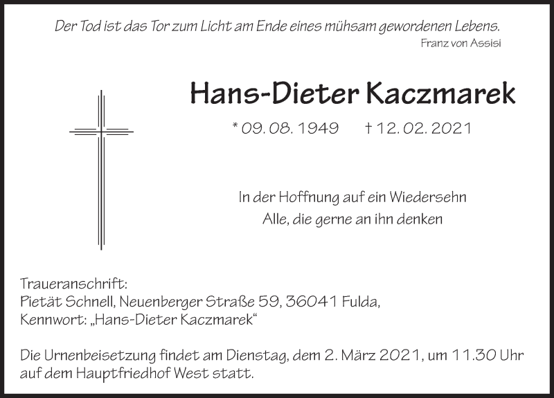  Traueranzeige für Hans-Dieter Kaczmarek vom 27.02.2021 aus FZ