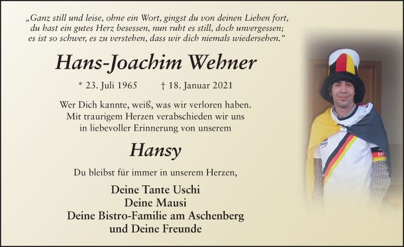  Traueranzeige für Hans-Joachim Wehner vom 27.02.2021 aus FZ
