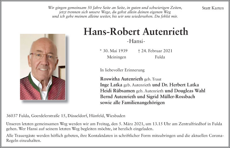 Traueranzeige für Hans-Robert Autenrieth vom 03.03.2021 aus FZ