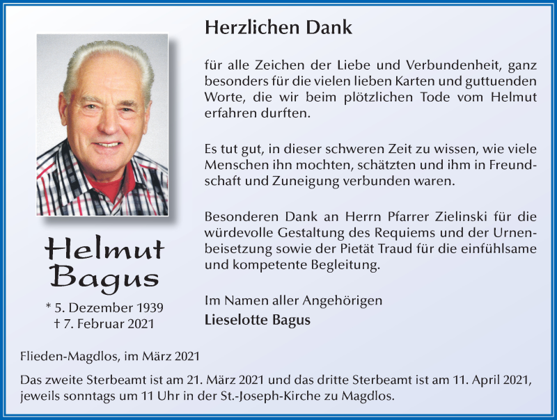  Traueranzeige für Helmut Bagus vom 17.03.2021 aus FZ