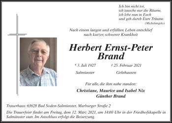 Traueranzeige von Herbert Ernst-Peter Brand von FZ