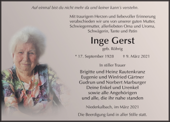 Traueranzeige von Inge Gerst von FZ