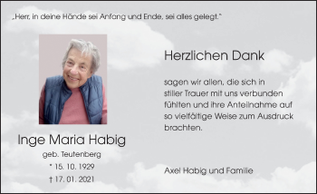 Traueranzeige von Inge Maria Habig von FZ