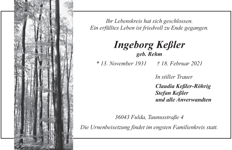  Traueranzeige für Ingeborg Keßler vom 27.02.2021 aus FZ