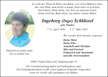 Traueranzeige von Ingeborg Schlüssel von FZ