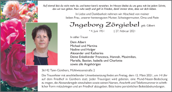 Traueranzeige von Ingeborg Zörgiebel von FZ