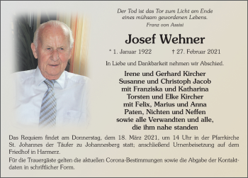 Traueranzeige von Josef Wehner von FZ