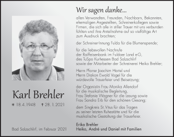 Traueranzeige von Karl Brehler von FZ